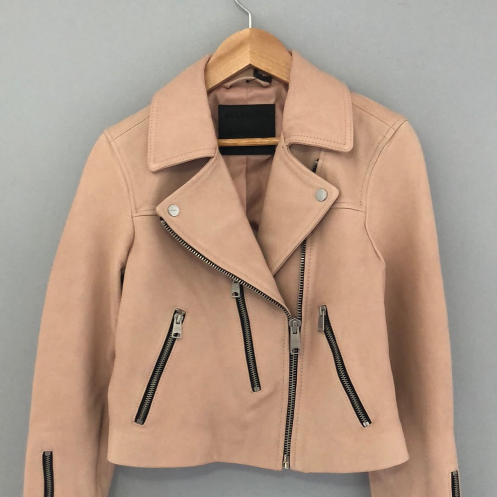 Cropped pale pink genuine leather All Saints Jacket. NWT. Perfect spring style.